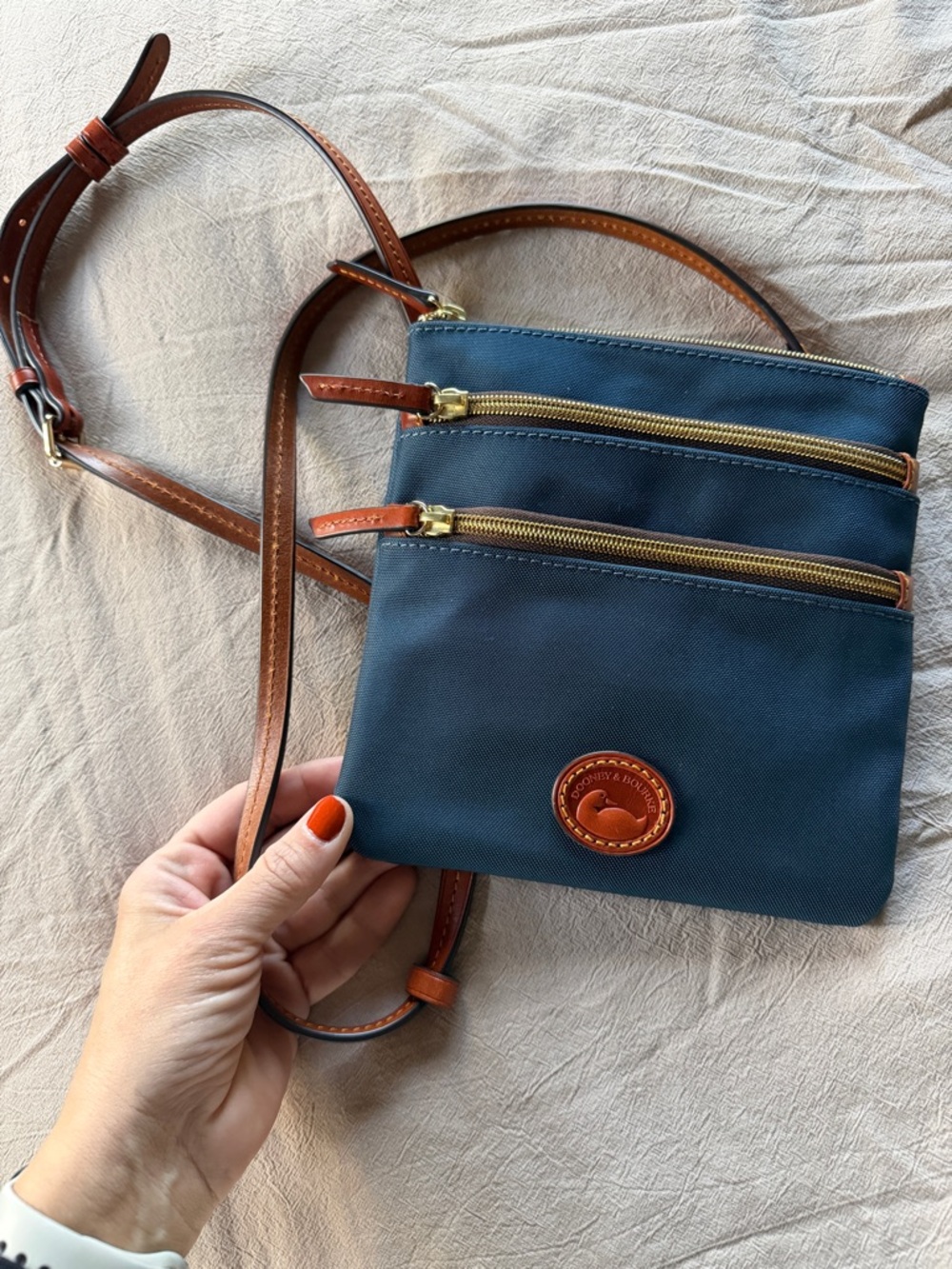 Dooney & Bourke Navy Nylon Triple Zip Crossbody with Brown Leather Trim